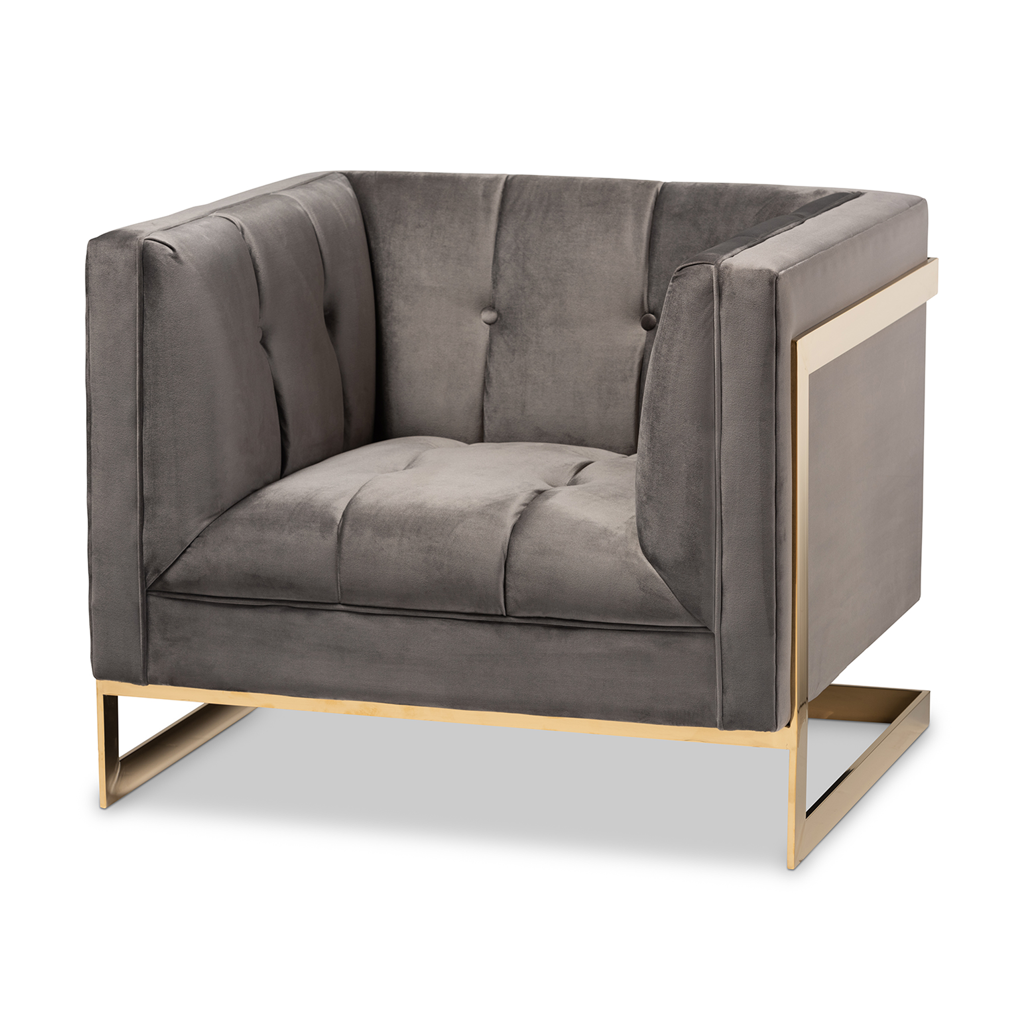 Baxton Studio Ambra Glam and Luxe Grey Velvet Fabric Upholstered and Button Tufted Armchair with Gold-Tone Frame